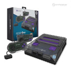 Hyperkin RetroN 3 HD gaming console in black with purple accents, includes two gray controllers with black and purple buttons, multi-slot cartridge support, and branded packaging.