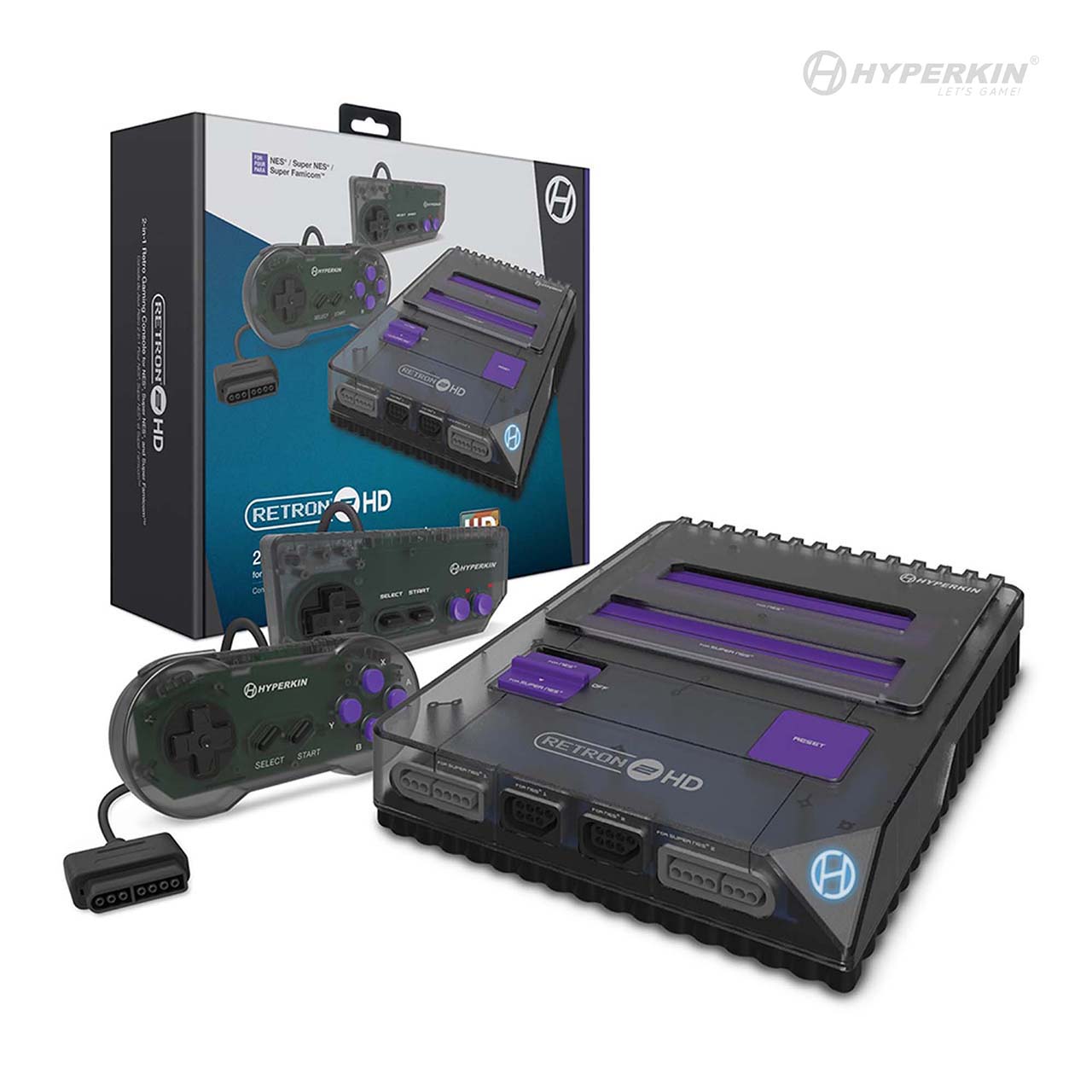 Hyperkin RetroN 3 HD gaming console in black with purple accents, includes two gray controllers with black and purple buttons, multi-slot cartridge support, and branded packaging.