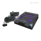 A gray RetroN 2 HD gaming console with two controllers and a HDMI cable, designed to resemble the classic Super Nintendo Entertainment System.