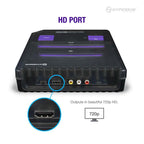 Hyperkin gaming console with highlighted HD port, supports 720p HD output for enhanced retro gaming visuals, monitor icon and branding included.