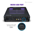 Hyperkin gaming console rear view with HDMI, AV, and micro-USB ports, highlighted micro-USB power input with AC adapter included for retro gaming setup.