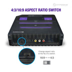 Hyperkin gaming console rear view with HDMI and AV ports, featuring 4:3/16:9 aspect ratio switch for customizable retro gaming display settings.