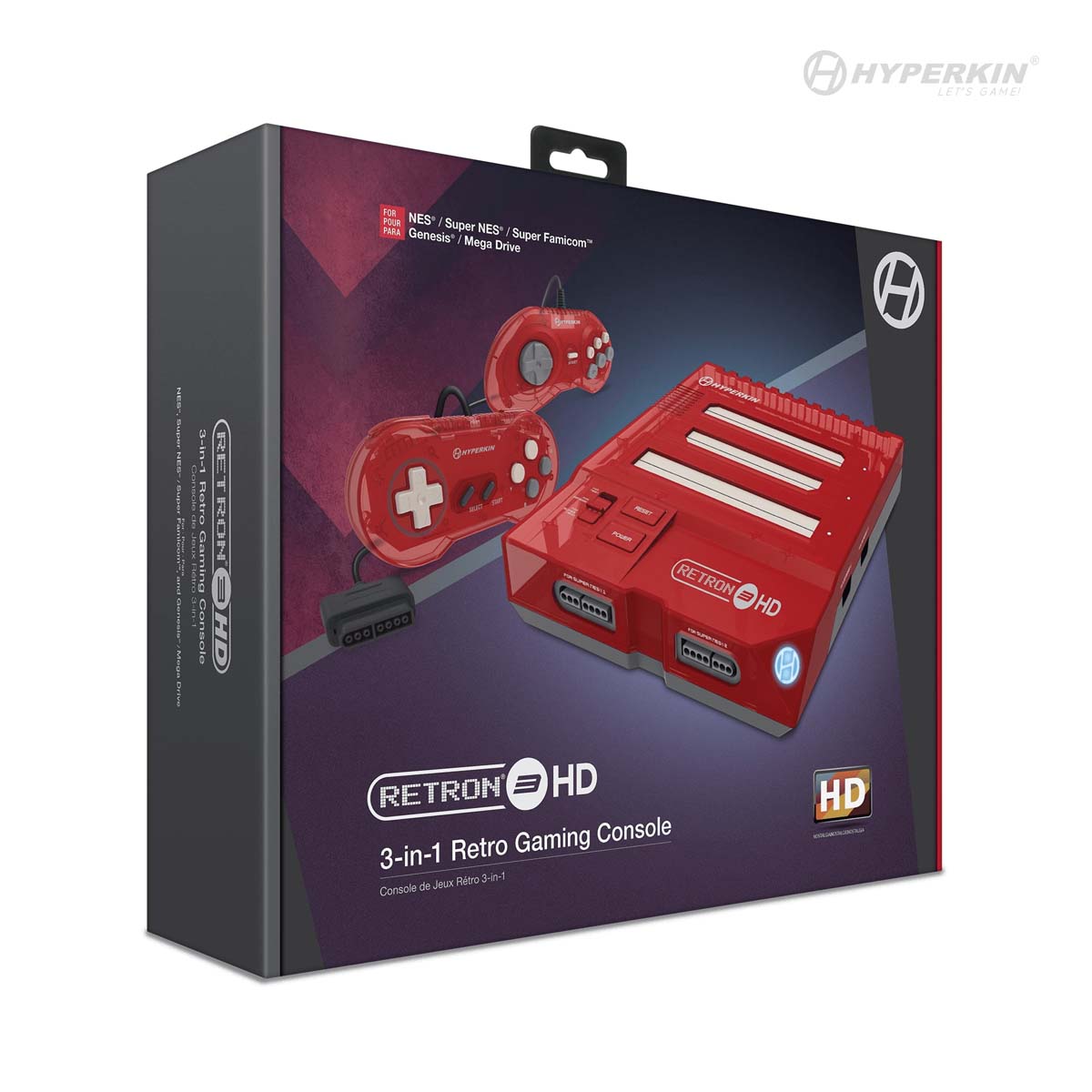 ackaging of Hyperkin RETRON HD 3-in-1 Retro Gaming Console in red, includes two controllers, compatible with NES, SNES, Super Famicom, Genesis, and Mega Drive games, features HD output.