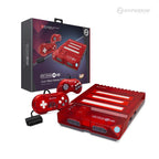 Red Hyperkin RetroN 3 HD gaming console with three cartridge slots, two controllers, and branded packaging, compatible with NES, SNES, and Genesis games.