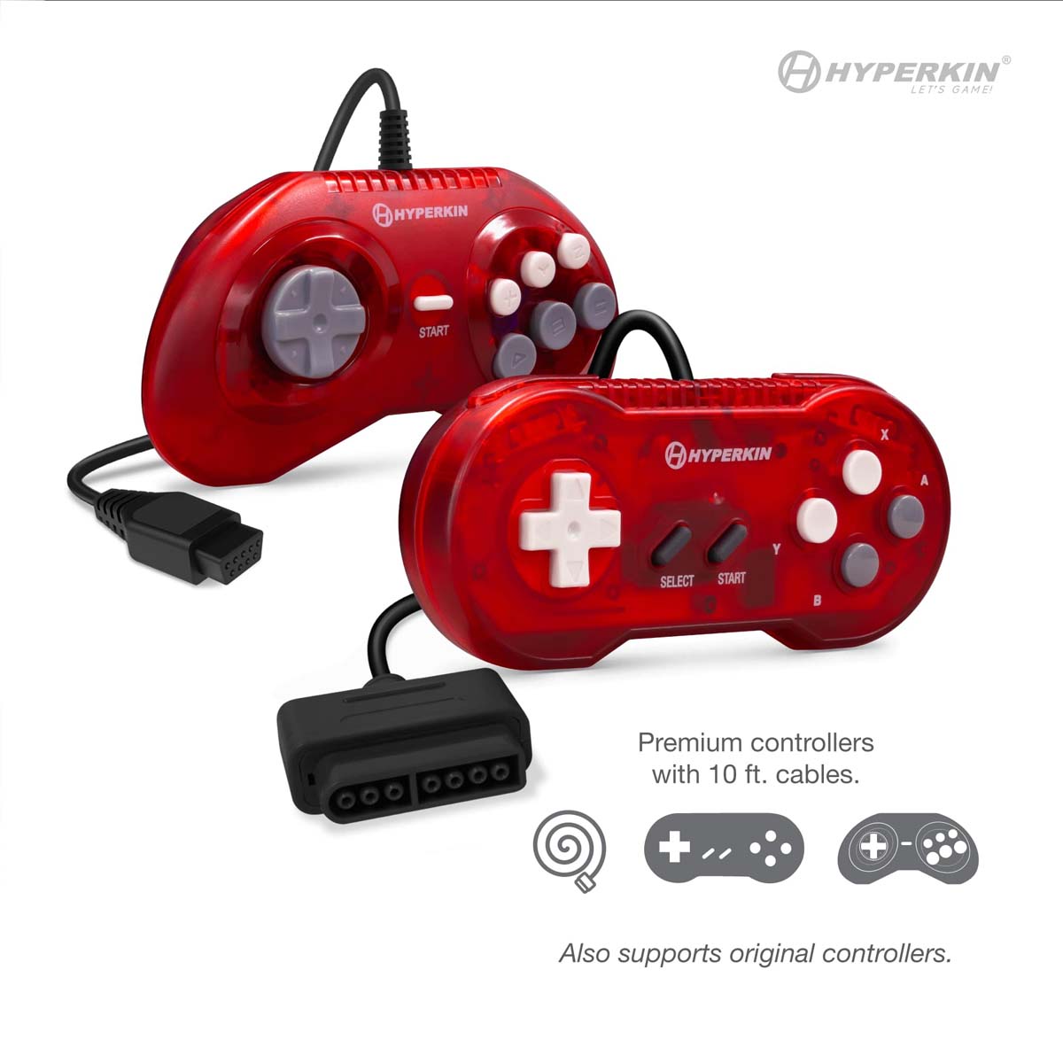 wo red Hyperkin premium gaming controllers with 10 ft. cables, featuring circular and cross-shaped D-pads, multiple buttons, and support for original controller compatibility.