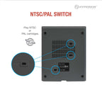 Back view of Hyperkin RetroN HD gaming console with NTSC/PAL switch, highlighted in close-up views, supports regional cartridge compatibility.