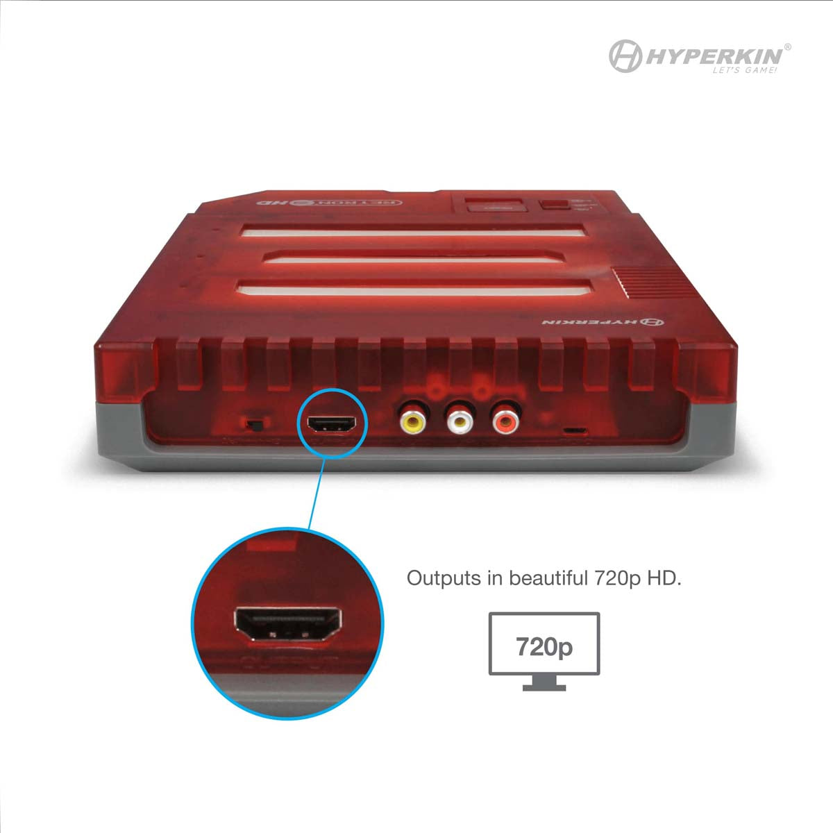 Red Hyperkin gaming console rear view with HDMI and RCA output ports, supports 720p HD resolution, highlighted HDMI port and Hyperkin branding.