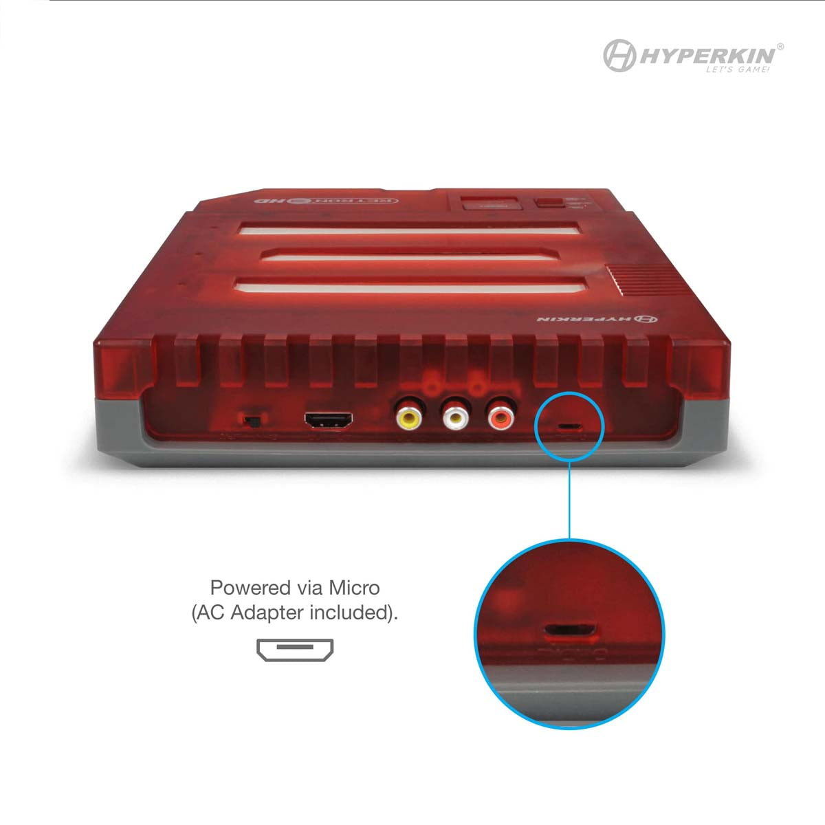 Red Hyperkin gaming console rear view with HDMI, AV, and micro USB power ports, includes AC adapter for easy retro gaming setup.