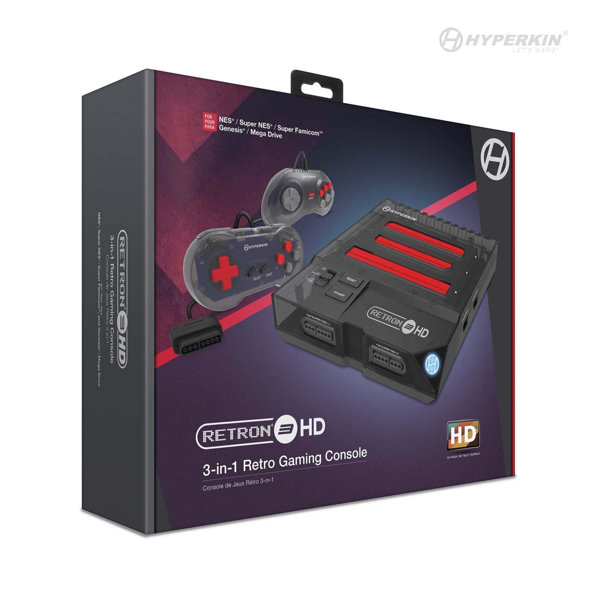 Packaging of Hyperkin Retron HD 3-in-1 Retro Gaming Console showing console and two controllers, compatible with NES, SNES, Genesis, and Mega Drive games, featuring HD output and Hyperkin branding.