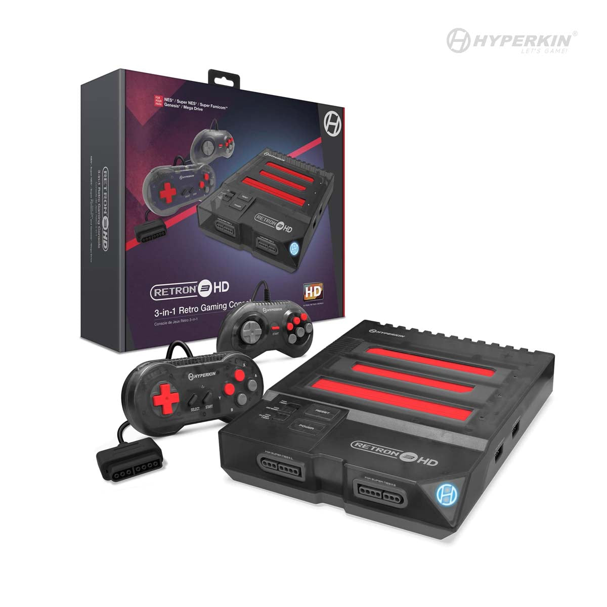 RetroN 3 HD 3-in-1 Retro Gaming Console in Space Black with two controllers, cables, and packaging.