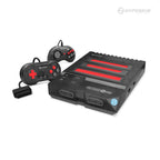 A RetroN 3 HD gaming console with a black and red color scheme, accompanied by two classic-style controllers and cables.