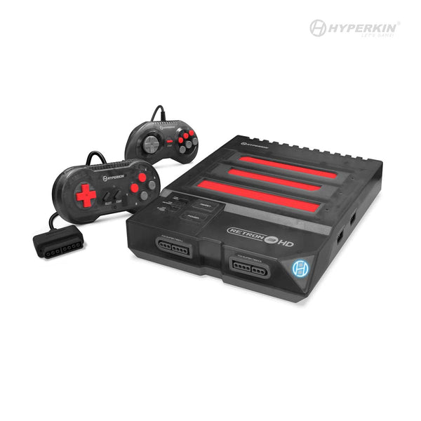 A RetroN 3 HD gaming console with a black and red color scheme, accompanied by two classic-style controllers and cables.