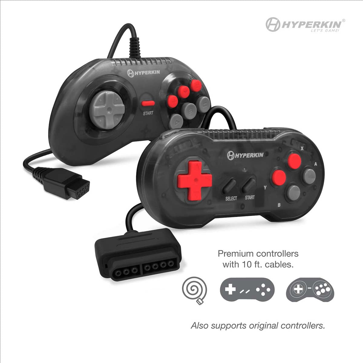Hyperkin premium gaming controllers with 10 ft. cables, featuring circular and cross-shaped D-pads, six and eight-button layouts, compatible with original controllers.