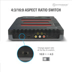 Close-up of Hyperkin gaming console aspect ratio switch with HDMI and AV ports, allowing 4:3 and 16:9 display options for retro gaming.