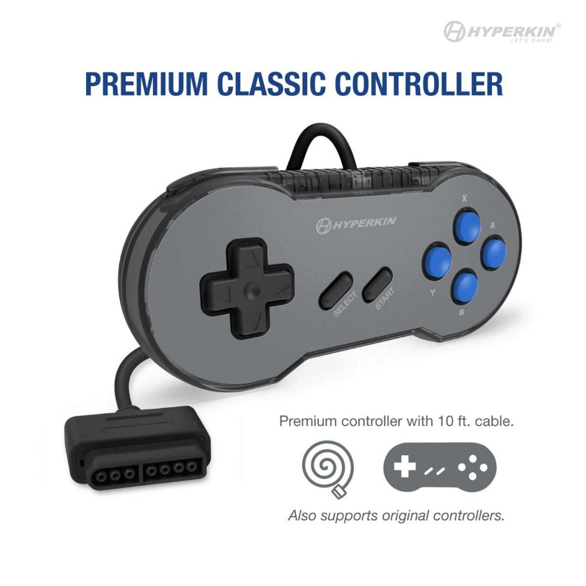 Hyperkin Premium Classic Controller with 10 ft. cable, retro design featuring D-pad, Select and Start buttons, and X, Y, A, B action buttons; compatible with original gaming controllers.
