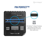 Close-up of Hyperkin SupaRETROn HD gaming console featuring Pin Perfect™ technology with high-quality pin connectors; patent-pending design for enhanced cartridge compatibility and performance.
