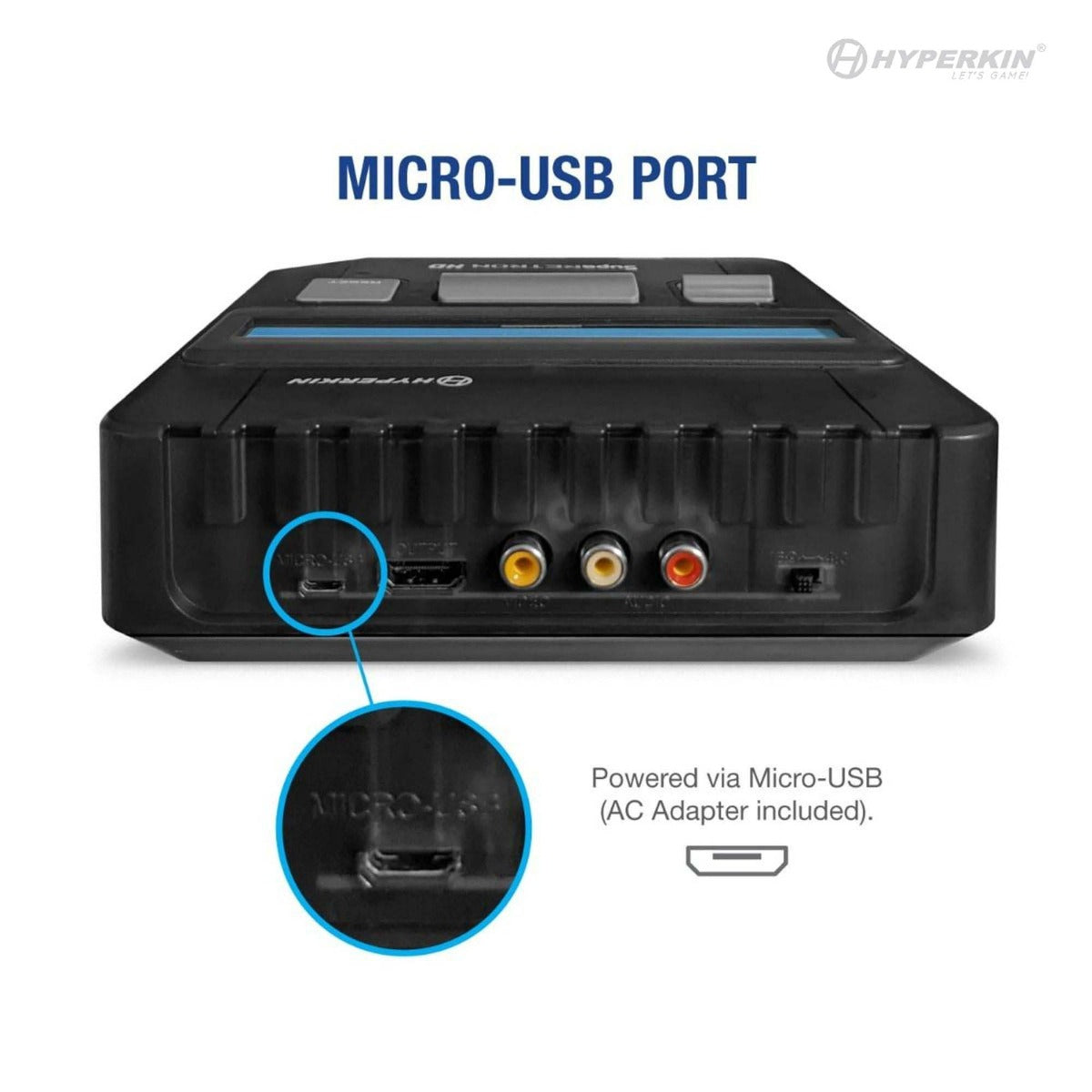 Back panel of Hyperkin RetroN 2 Gaming Console featuring Micro-USB power port, labeled 'Powered via Micro-USB (AC Adapter included)', with visible branding and connector illustration.