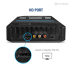 Back panel of Hyperkin gaming console featuring HD port for 720p resolution output, along with AV ports and power input; designed for high-definition retro gaming experience.