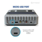 Back panel of Hyperkin gaming console featuring Micro-USB power port, HDMI output, video and audio inputs; labeled 'Powered via Micro-USB (AC Adapter included)' for easy connectivity.