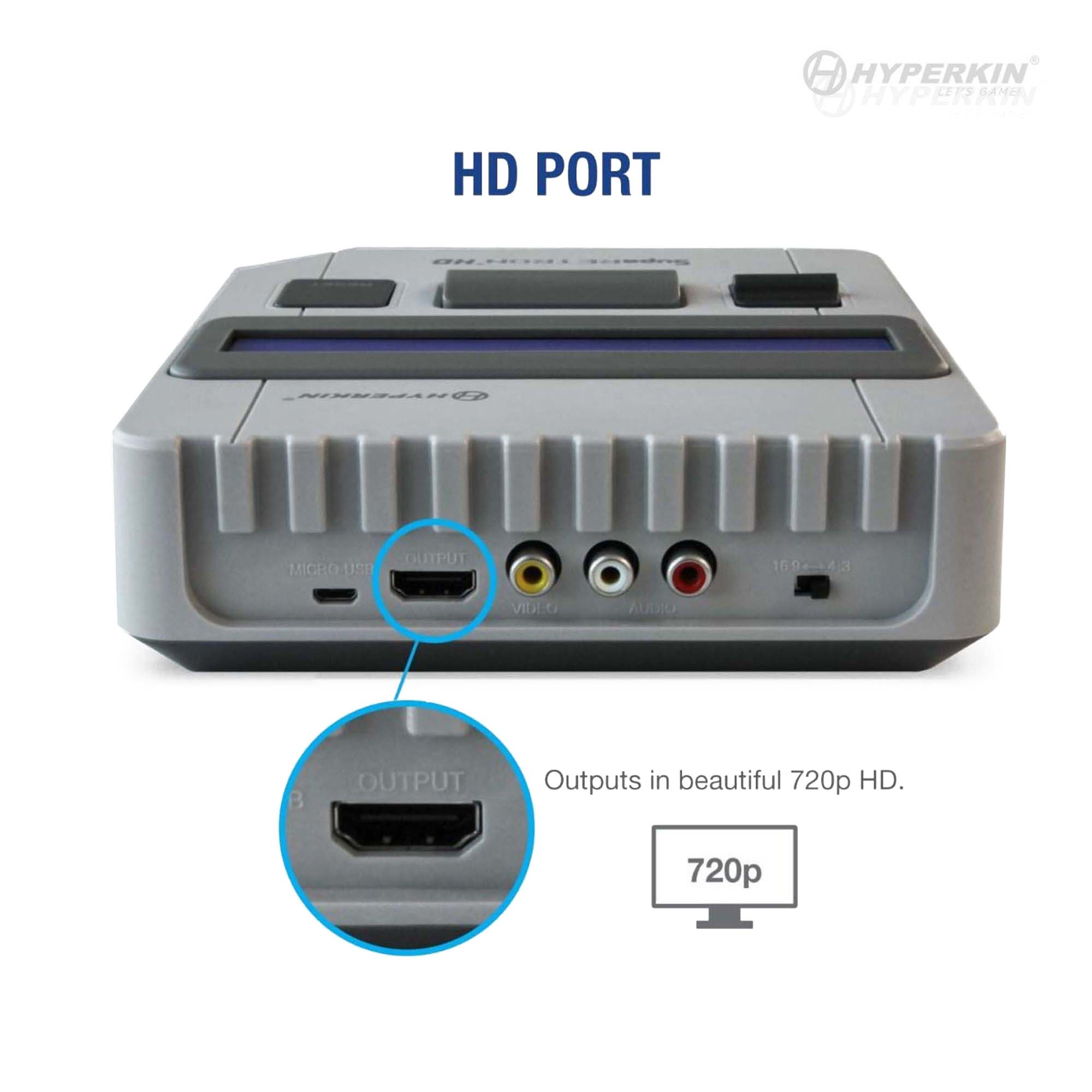 Back panel of Hyperkin gaming console featuring HDMI, AV, and Micro-USB ports, with HD port highlighted for 720p output resolution; designed for retro gaming in high definition.