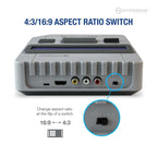 Hyperkin gaming console featuring 4:3/16:9 aspect ratio switch, with Micro-USB power port, HDMI output, and AV ports for video and audio; designed for flexible retro gaming display options.