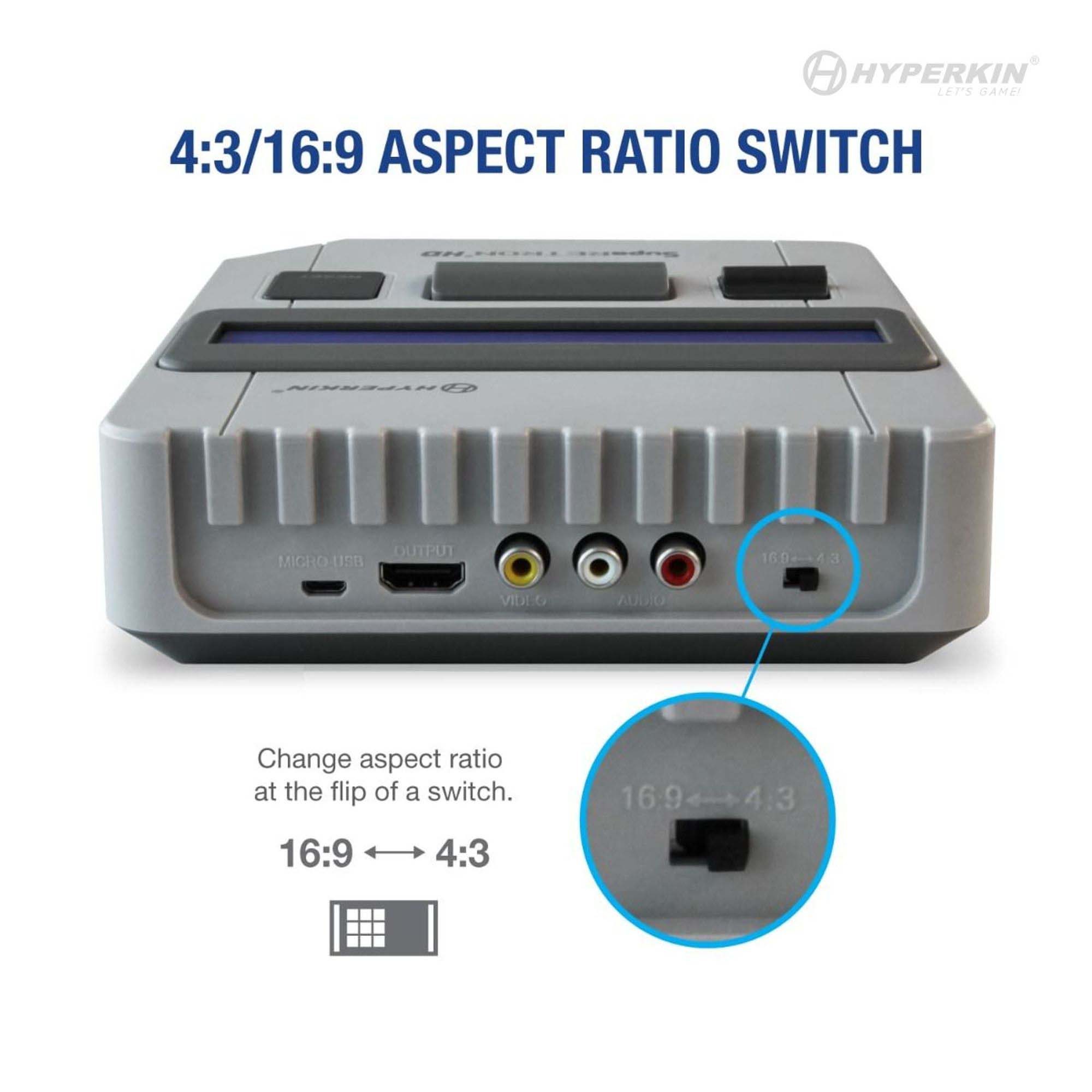 Hyperkin gaming console featuring 4:3/16:9 aspect ratio switch, with Micro-USB power port, HDMI output, and AV ports for video and audio; designed for flexible retro gaming display options.