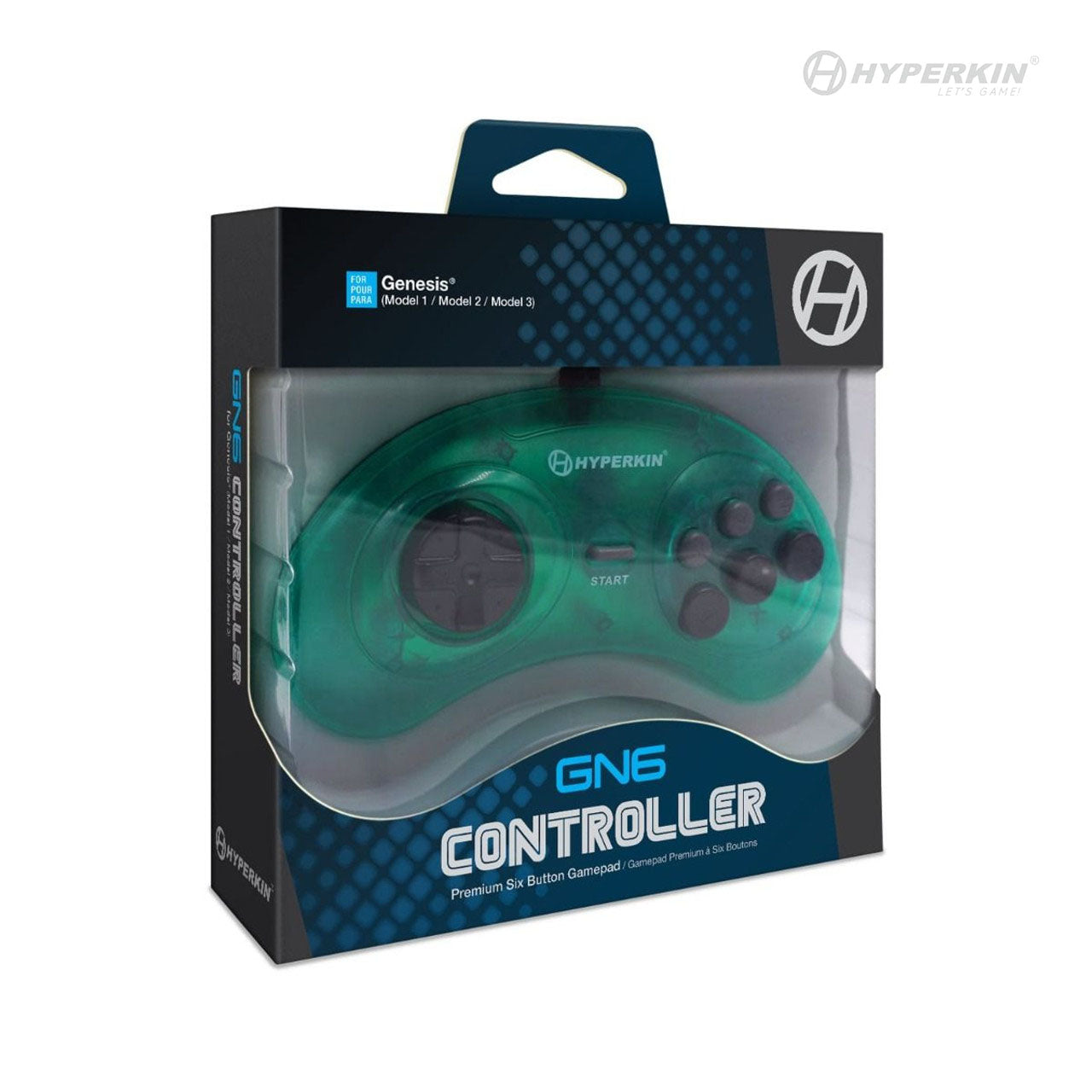 The image shows a Hyperkin GN6 controller in its packaging. The controller is designed for the Sega Genesis and is compatible with Model 1, Model 2, and Model 3. The packaging is black with blue accents and features the Hyperkin logo. The controller itself is green and transparent, with six buttons on the right side, a directional pad on the left side, and a start button in the center.