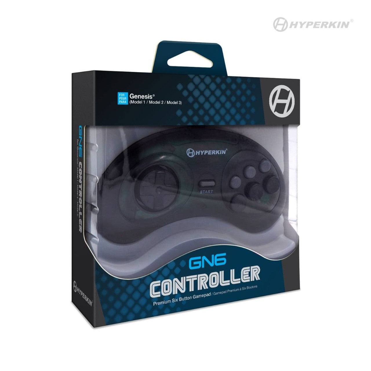 The image shows a Hyperkin GN6 controller in its packaging. The packaging is black with blue accents and features the Hyperkin logo. The controller is designed for use with Genesis Model 1, Model 2, and Model 3 systems. The text on the packaging reads 'GN6 Controller Premium Six Button Gamepad (Gamepad Premium à Six Boutons).