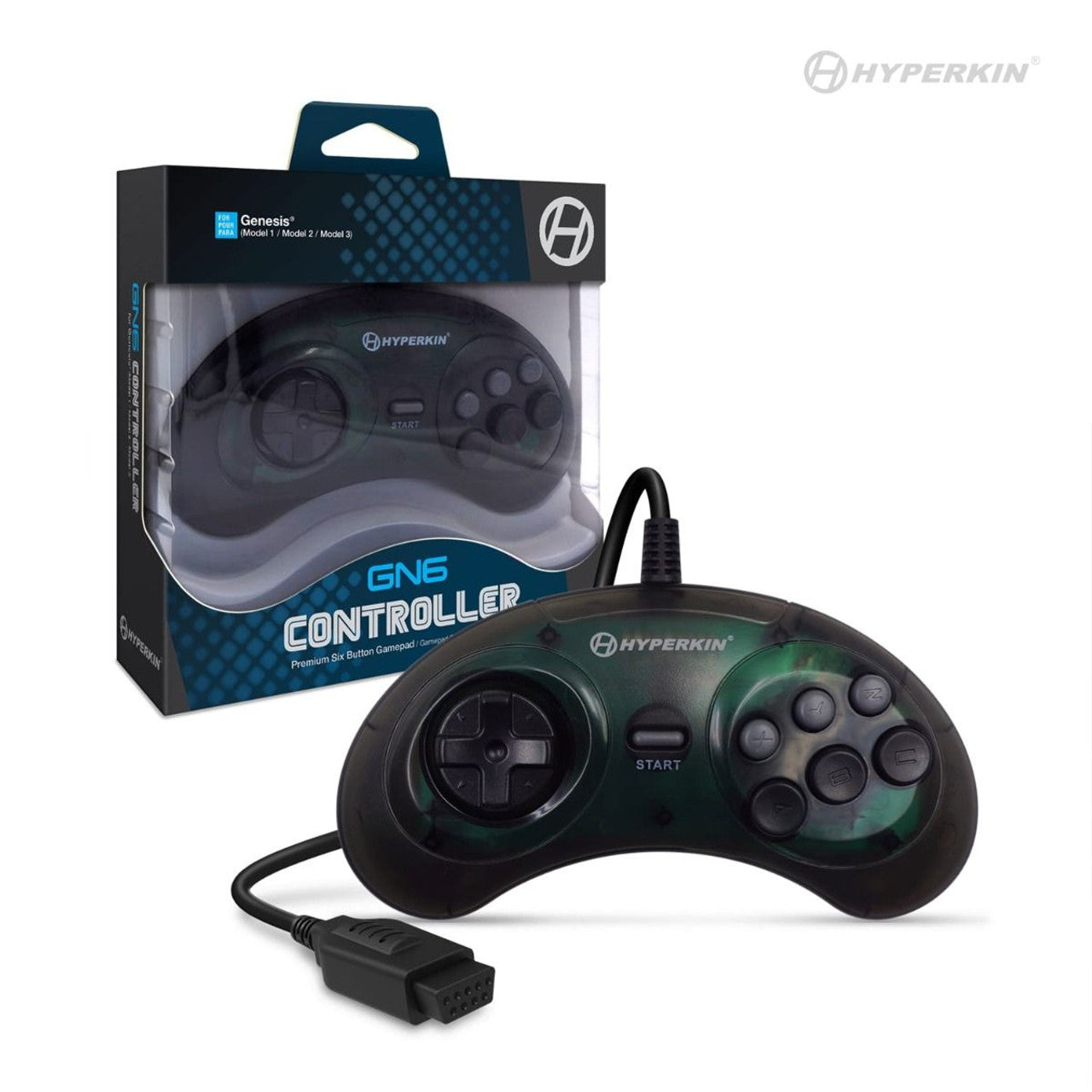 A black Hyperkin GN6 controller with directional pad and action buttons, displayed in front of its packaging box.