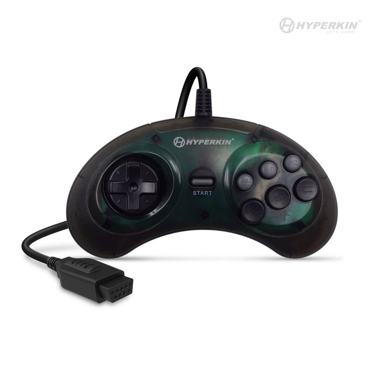A black game controller with an ergonomic design, featuring an 8-way directional pad, six action buttons, and labeled with the brand Hyperkin.