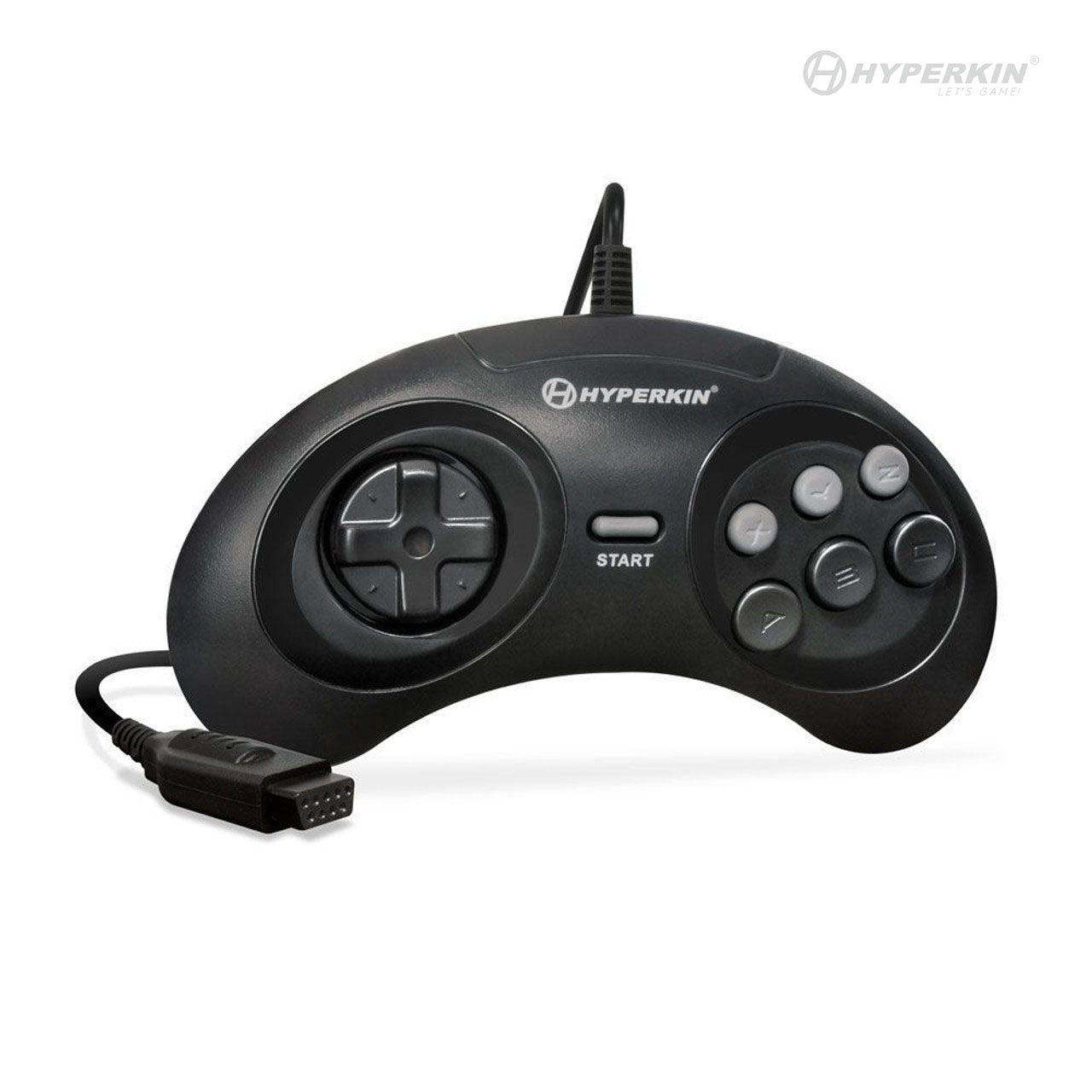 A black game controller with an ergonomic design, featuring an 8-way directional pad, six action buttons, and labeled with the brand Hyperkin.