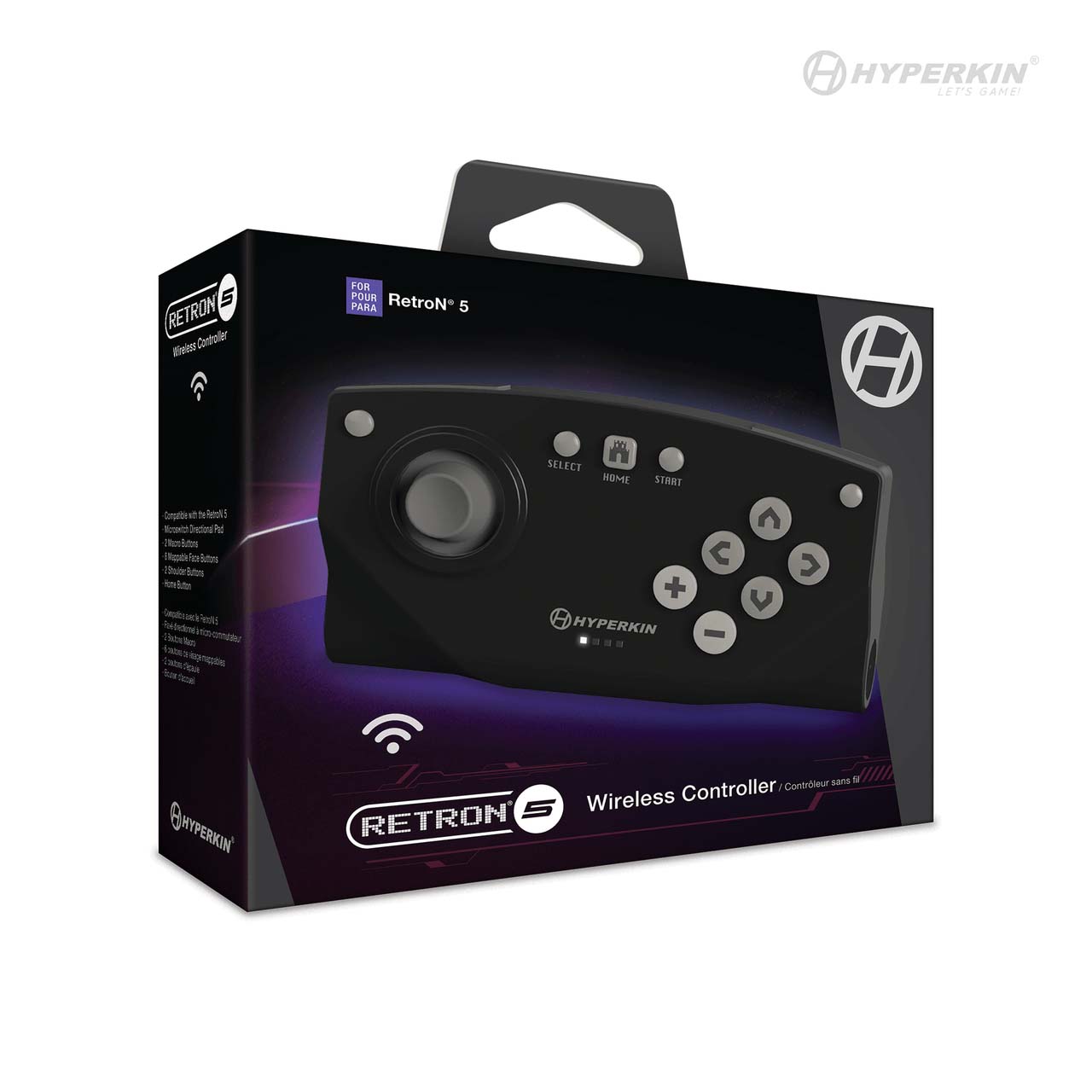 Hyperkin RetroN 5 Wireless Controller in original packaging, featuring black design with joystick, microswitch D-pad, Home, Start, and Select buttons. Compatible with RetroN 5 console. Keywords: Hyperkin, RetroN 5, wireless controller, Bluetooth gaming controller, retro gaming accessory.