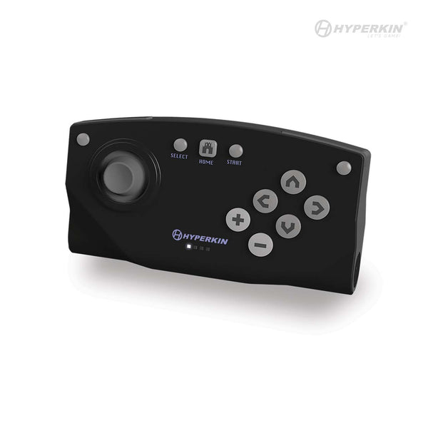 Hyperkin black game controller featuring joystick, SELECT, HOME, and START buttons, plus six directional and action buttons, ideal for retro gaming setups. Keywords: Hyperkin, game controller, joystick, SELECT button, HOME button, START button