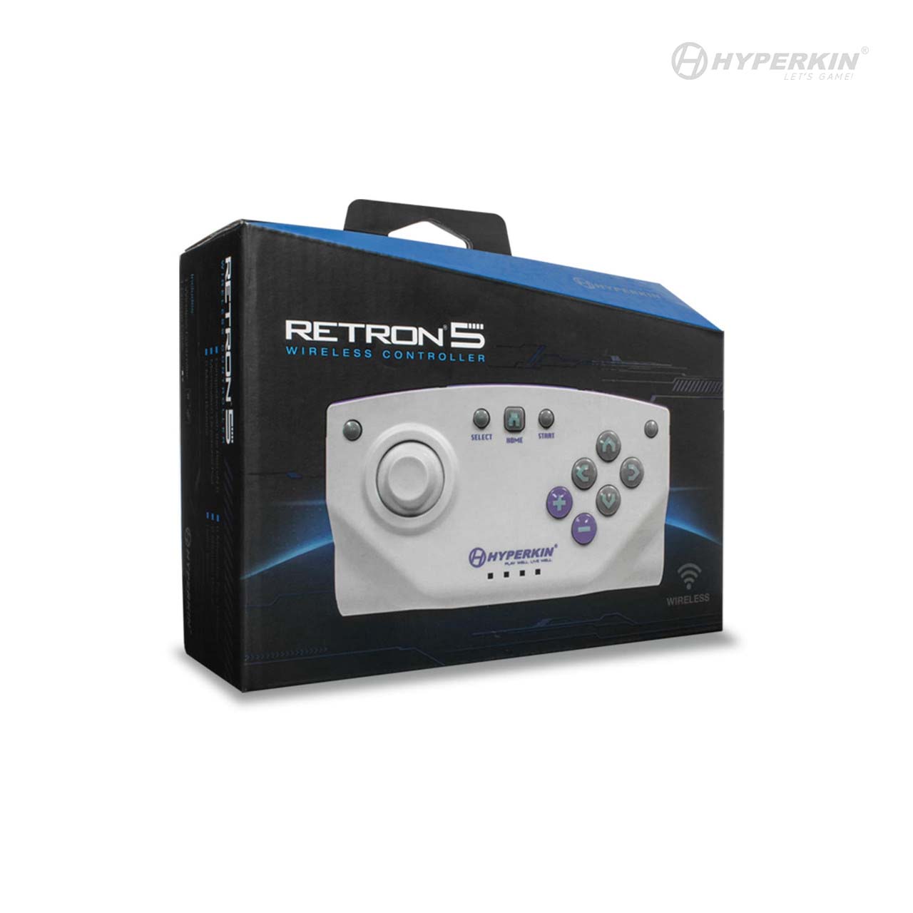 Hyperkin RetroN 5 wireless controller in white, shown in original packaging with joystick, directional pad, and action buttons. Hyperkin logo visible on controller and box. Keywords: Hyperkin, RetroN 5, wireless controller, Bluetooth gaming accessory, retro gaming controller.