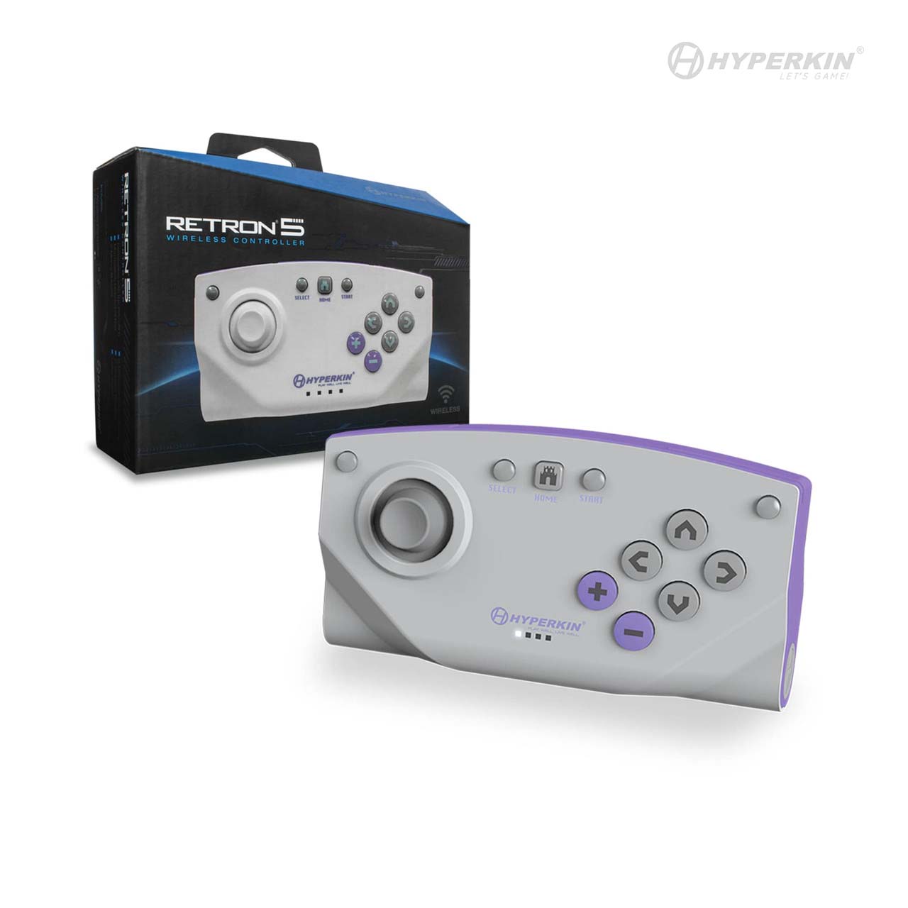 Hyperkin RetroN 5 wireless controller in white and purple, featuring joystick, directional pad, and multiple buttons, shown with branded packaging. Keywords: Hyperkin, RetroN 5, wireless controller, joystick, directional pad, retro gaming accessories.