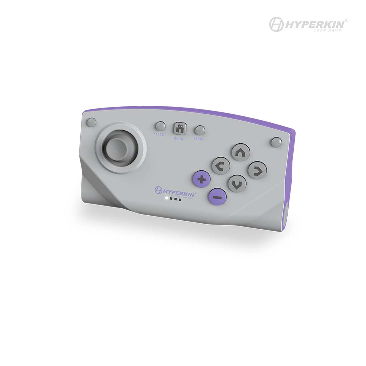 Hyperkin handheld game controller in gray and purple design, featuring joystick, directional buttons, Select, Home, and Start buttons, plus Hyperkin logo. Keywords: Hyperkin, handheld game controller, joystick, directional buttons, retro gaming accessory.