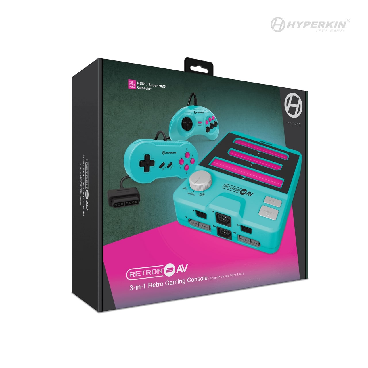Packaging of Hyperkin RetroN 3 AV 3-in-1 Retro Gaming Console, showing turquoise console with cartridge slots for NES®, SNES®, and Genesis® games, and two included classic-style controllers.