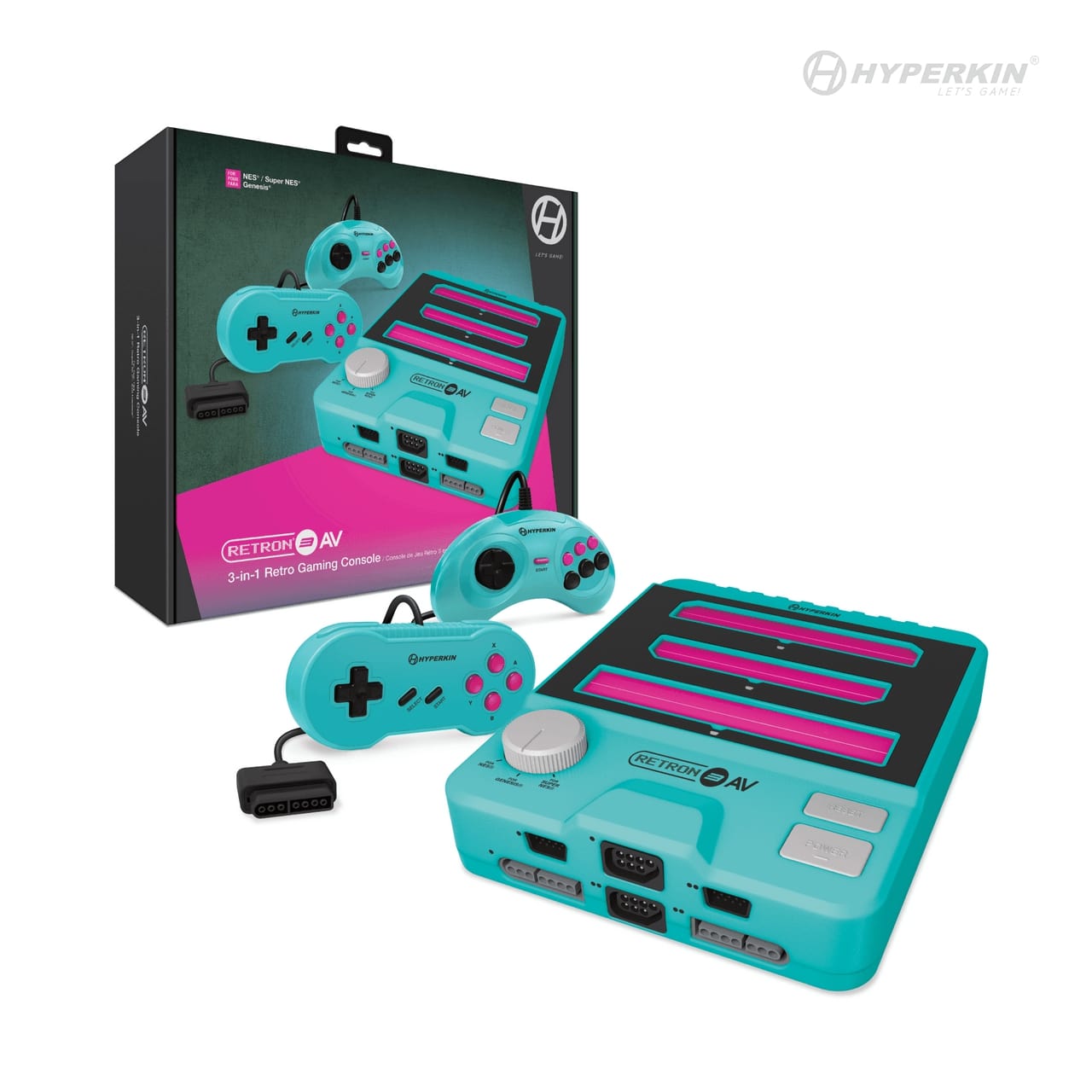 Hyperkin RetroN 3-in-1 turquoise retro gaming console with dual cartridge slots, AV ports, and two included controllers. One controller has a classic design with a D-pad and buttons, and the other features an analog stick. Product packaging is visible in the background.