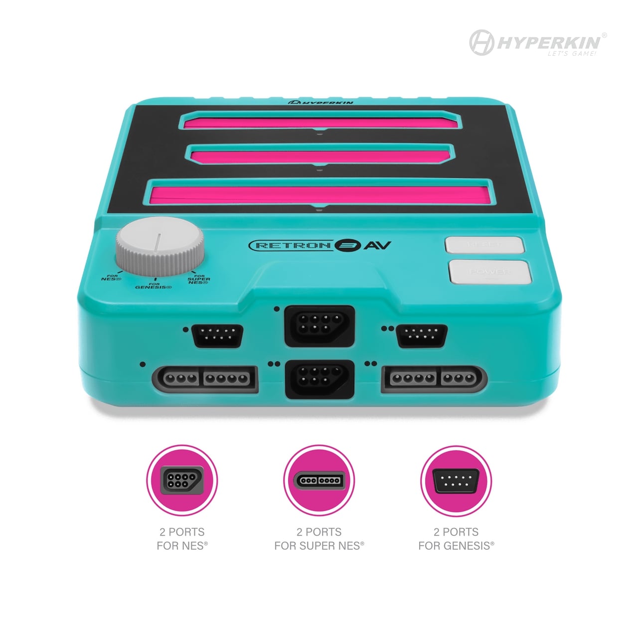 Hyperkin RetroN AV gaming console with six controller ports—supports NES®, Super NES®, and Genesis® controllers, featuring a front dial and labeled inputs for versatile retro gameplay.