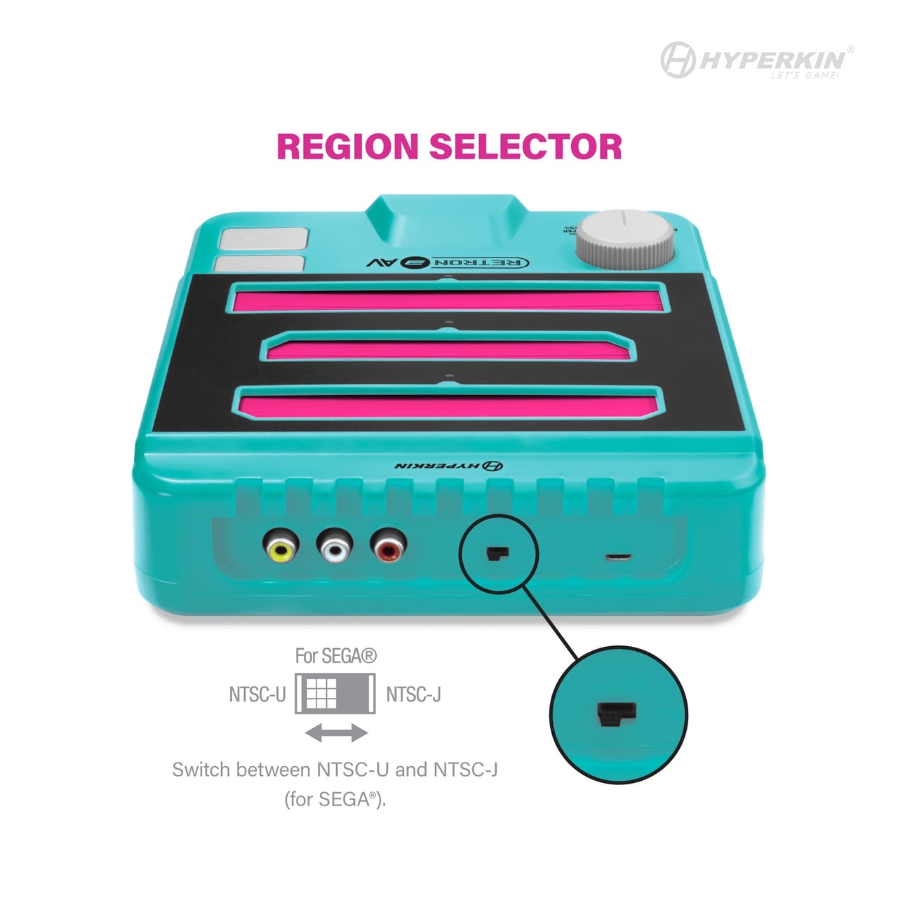 Hyperkin RetroN 3 HD gaming console in turquoise and black with pink cartridge slots, AV input ports, and a region selector switch for NTSC-U and NTSC-J SEGA® games.