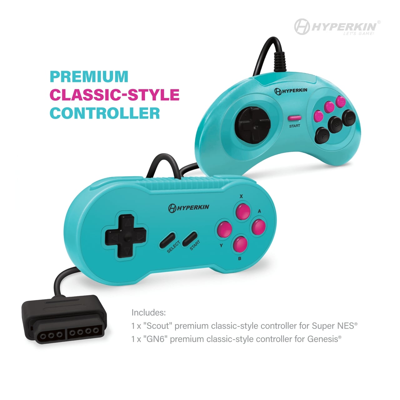 Hyperkin premium classic-style controllers in turquoise—includes 'Scout' for Super NES® and 'GN6' for Genesis®, designed for retro gaming with authentic feel.