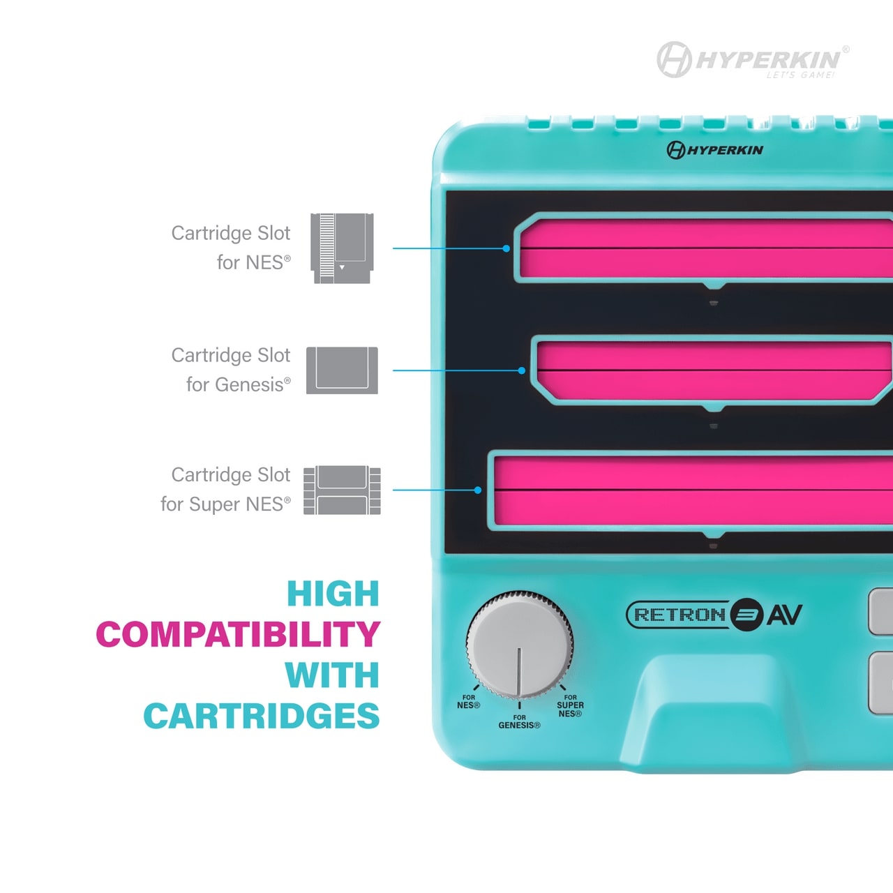 Hyperkin RetroN AV gaming console featuring three cartridge slots for NES®, Genesis®, and Super NES® games, with a dial selector for high cartridge compatibility.