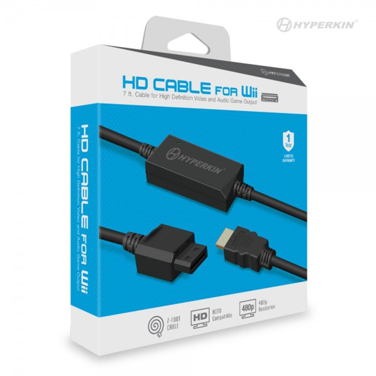 Hyperkin HD Cable for Wii packaging showing 7 ft cable, HD video and audio output, 480p resolution support, and warranty details on the front.