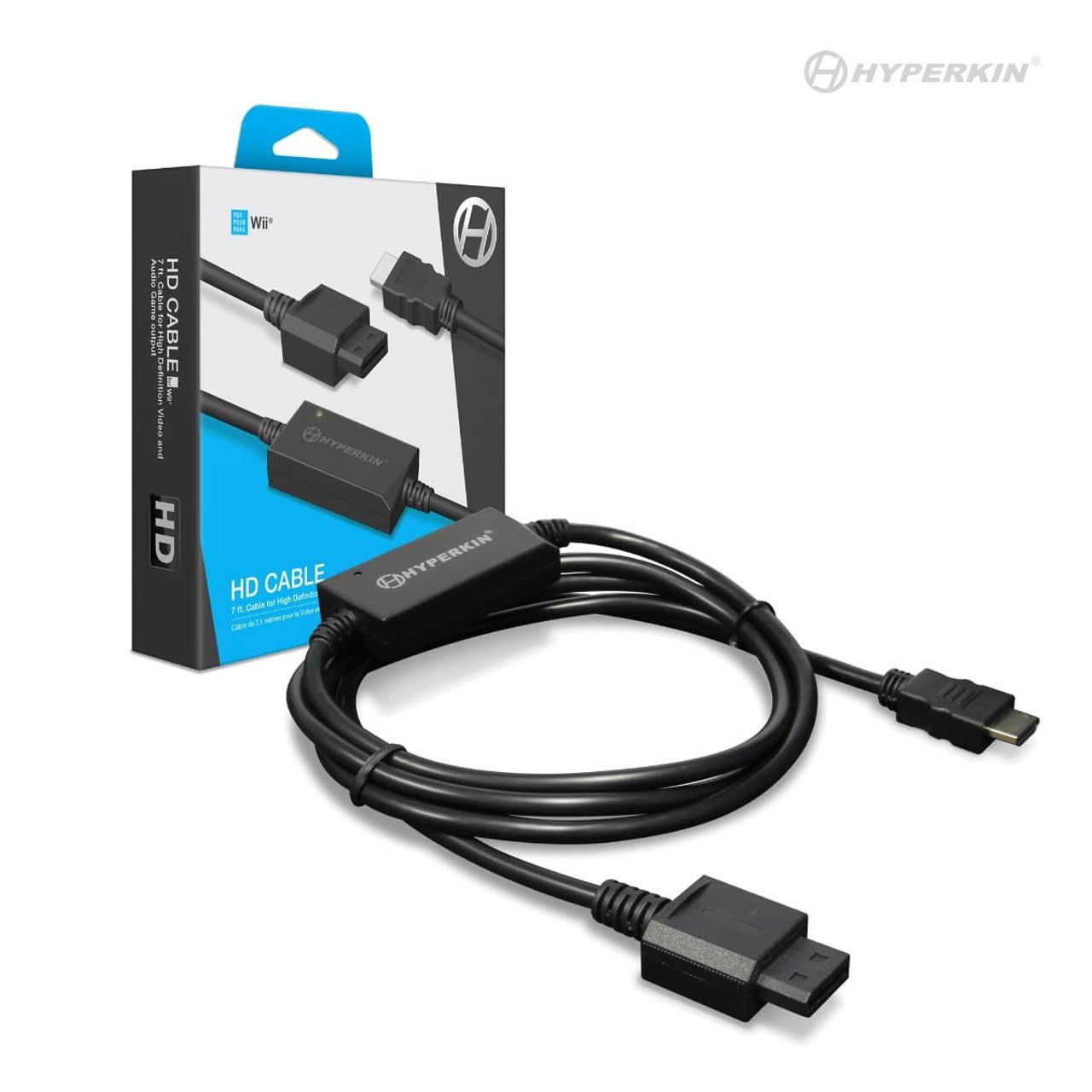 A black Hyperkin HD Cable for the Wii, displayed with its packaging which has blue accents.