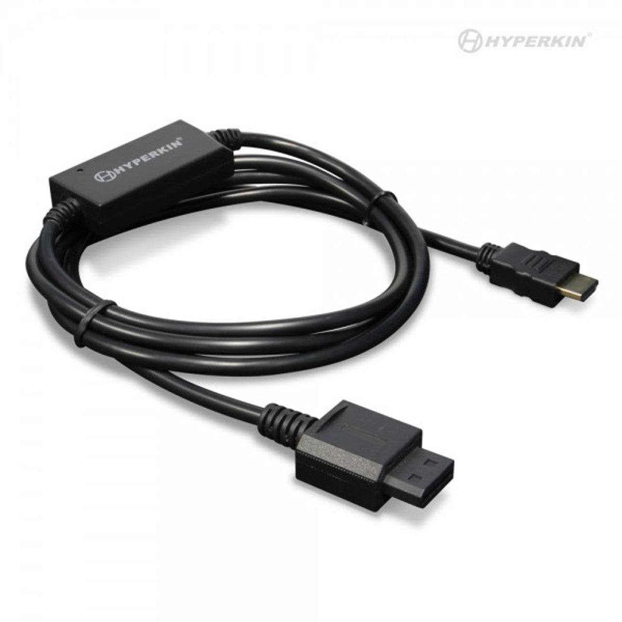Hyperkin HDMI cable for retro consoles with black cable, HDMI and proprietary connectors, and Hyperkin logo on the inline adapter box.
