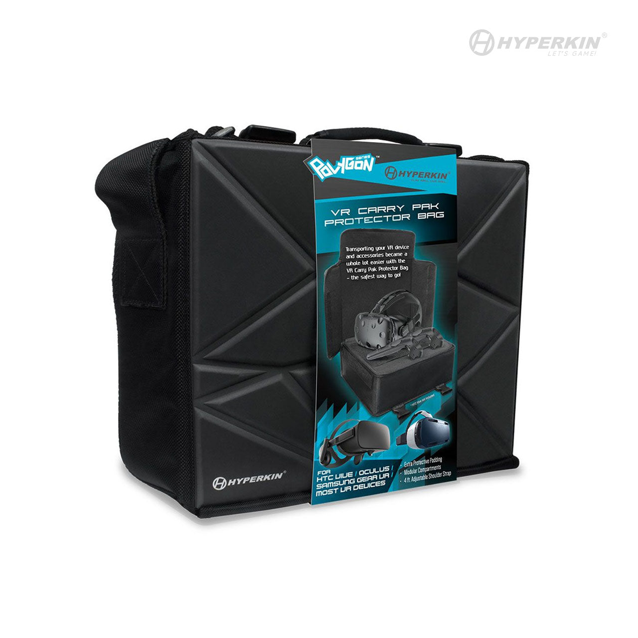 Hyperkin Polygon VR Carry Pak Protector Bag with black hardshell design, front label showing Oculus Rift and HTC Vive compatibility and protective features.