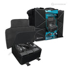 A black Hyperkin VR Carry Pak Protector Bag with a shoulder strap and modular compartments, displayed next to its packaging box.