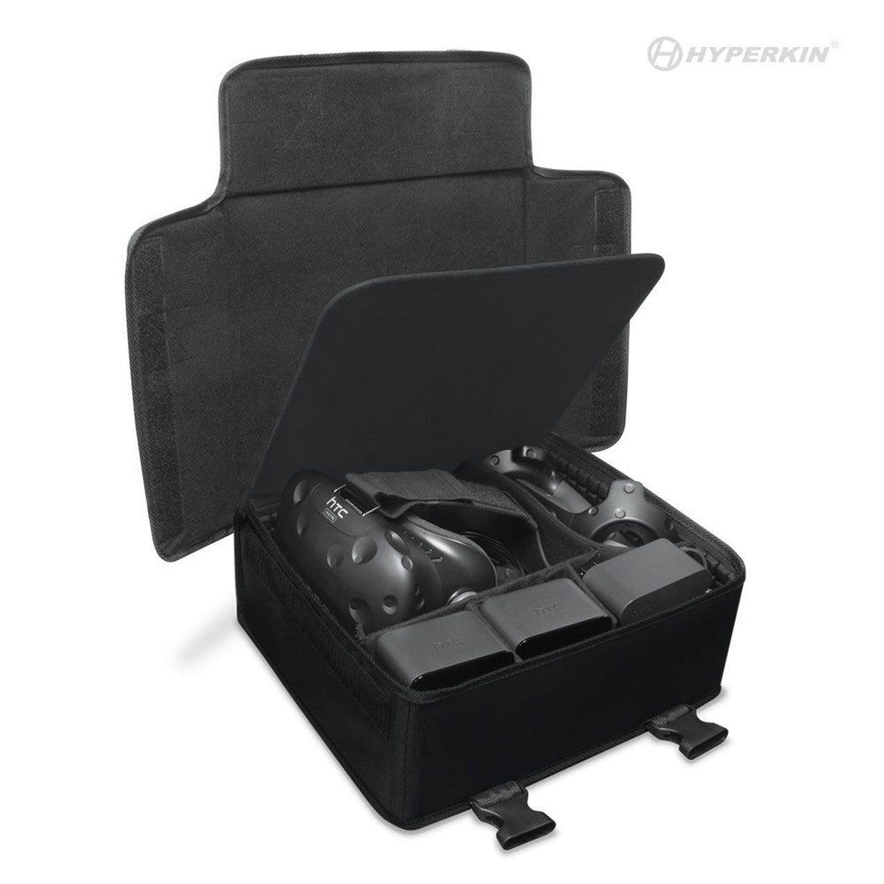 Black Hyperkin storage case with open lid showing neatly organized HTC Vive VR headset, controllers, and accessories in custom compartments.