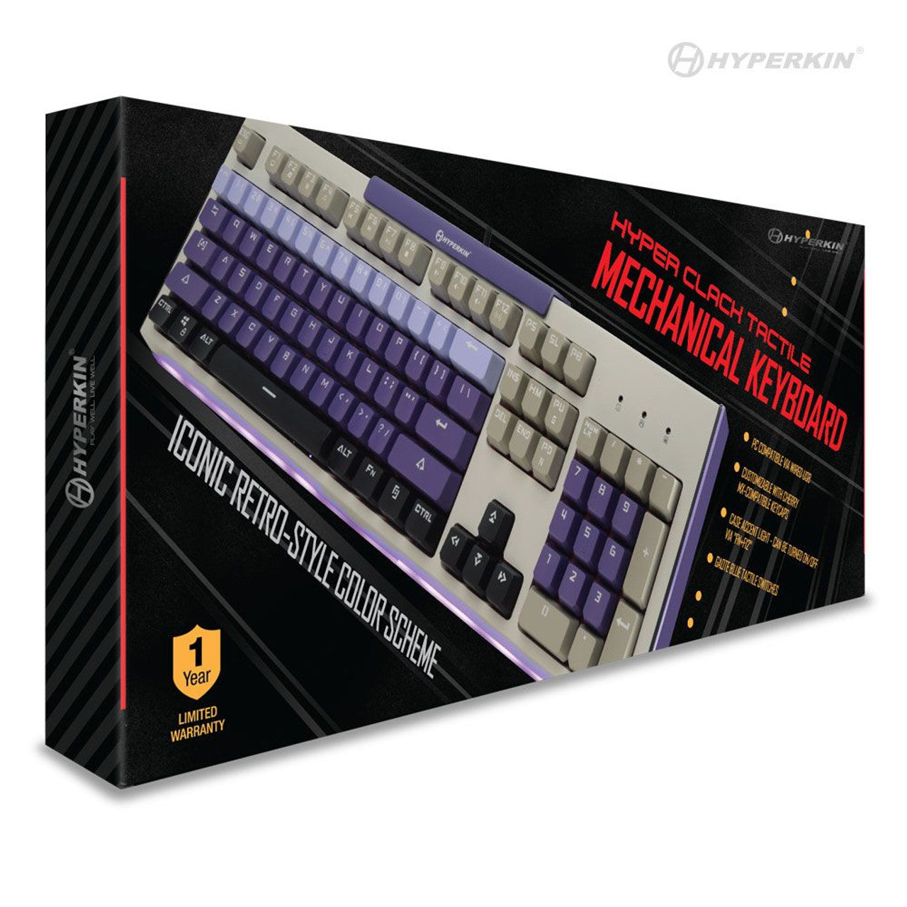 Hyperkin Clack Tactile Mechanical Keyboard packaging with retro purple and beige keys, highlighting tactile feedback and 1-year limited warranty.