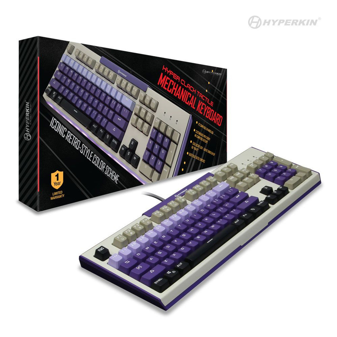 A Hyperkin Hyper Clack Tactile Mechanical Keyboard with a purple and black color scheme, displayed alongside its packaging.